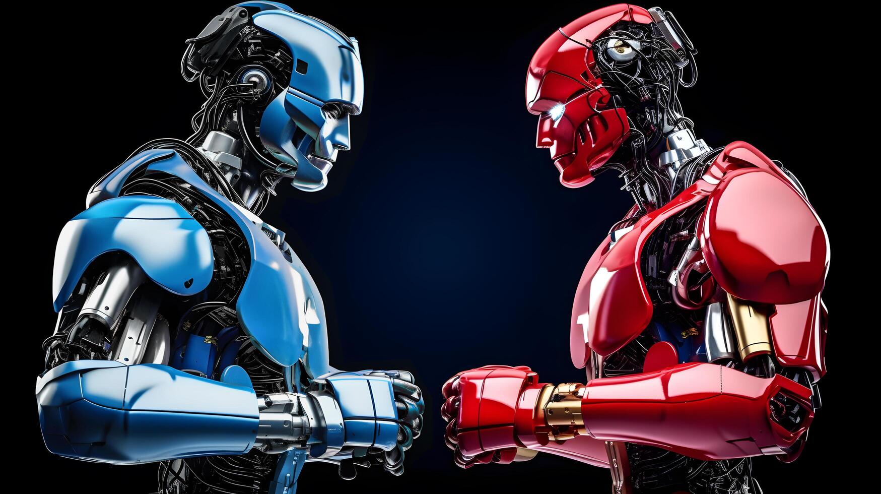 Competition of AI Artificial Intelligence technology business concept, Red and Blue AI Artificial Intelligence humanoid robot boxing face off a contestant in a boxing match, Generative AI illustration photo