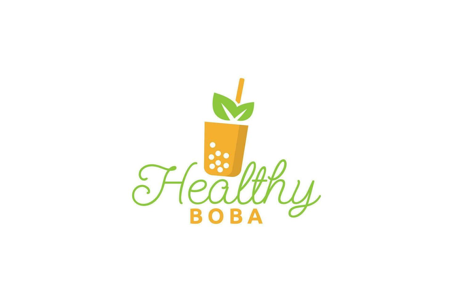 healthy boba logo with a combination of a glass of boba drink and fresh leaves. vector