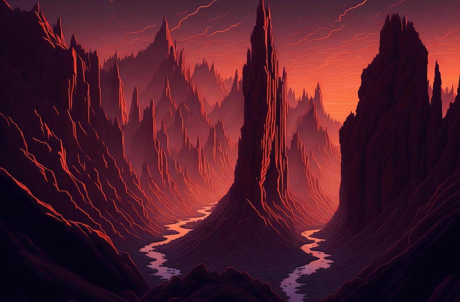 A digital painting of a river in a desert with mountains photo
