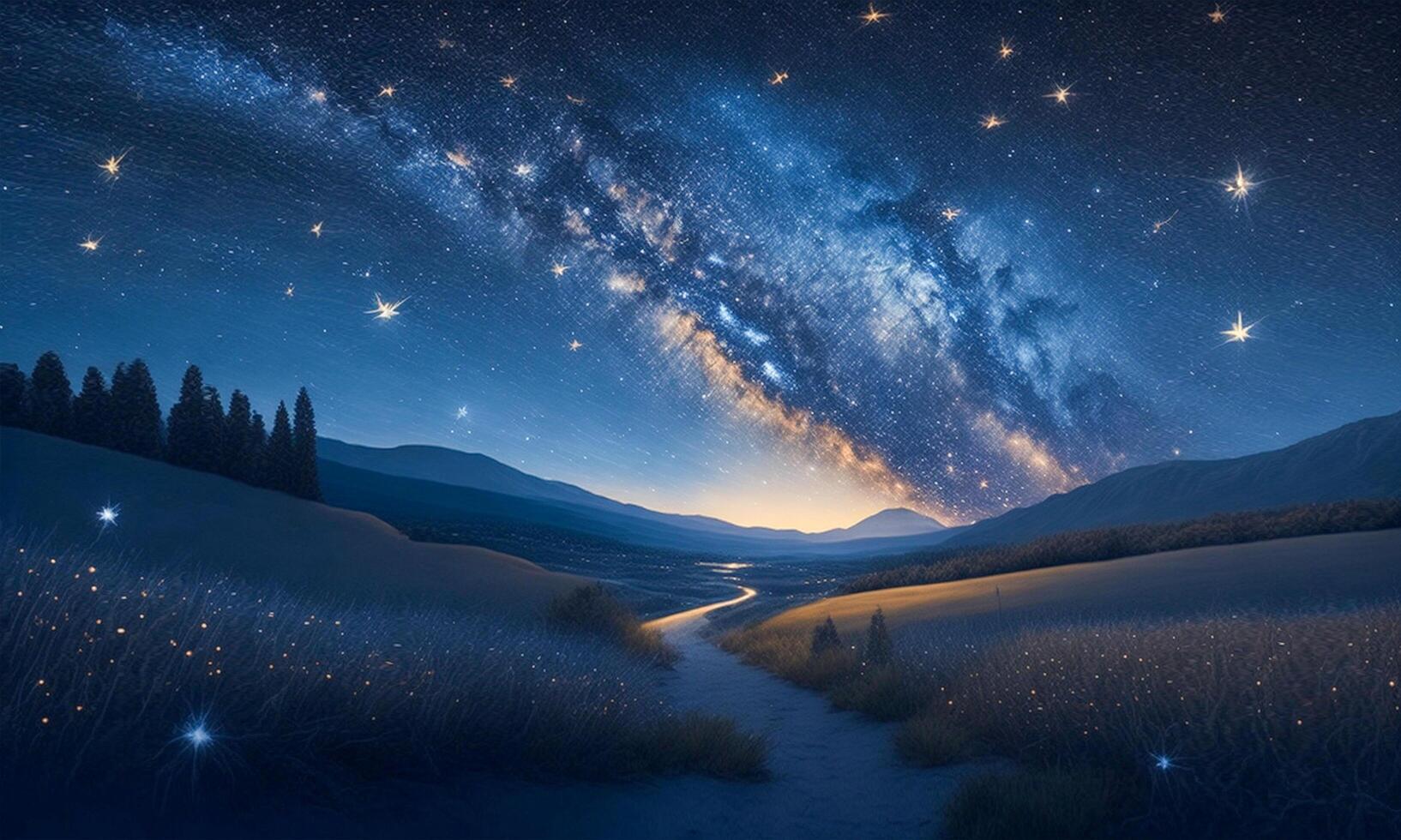 A starry night sky over a landscape with a path leading photo