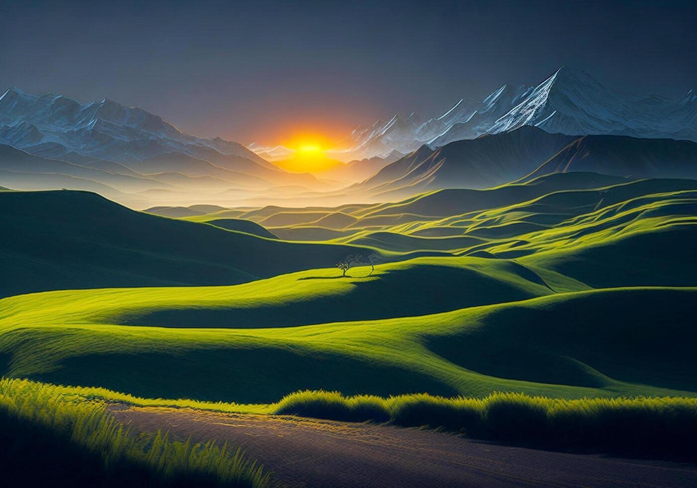 Sunset over a green field with mountains AI Generative background photo