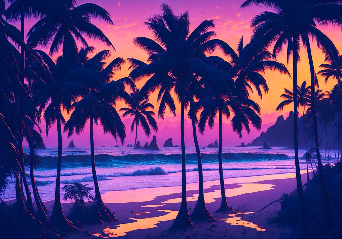 Palm trees on a beach with a purple sky background photo