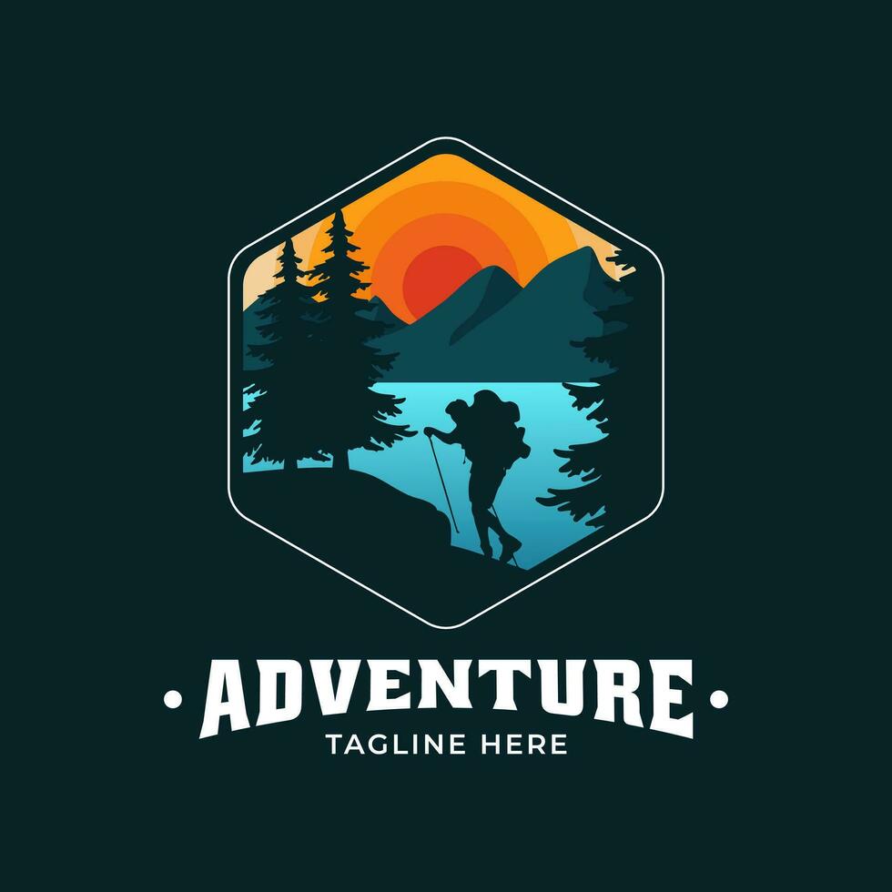 Vintage modern adventure logo with view of people climbing mountains, river and pine trees. Suitable for logos of adventurers, nature lovers, mountaineers, brands, and others. vector