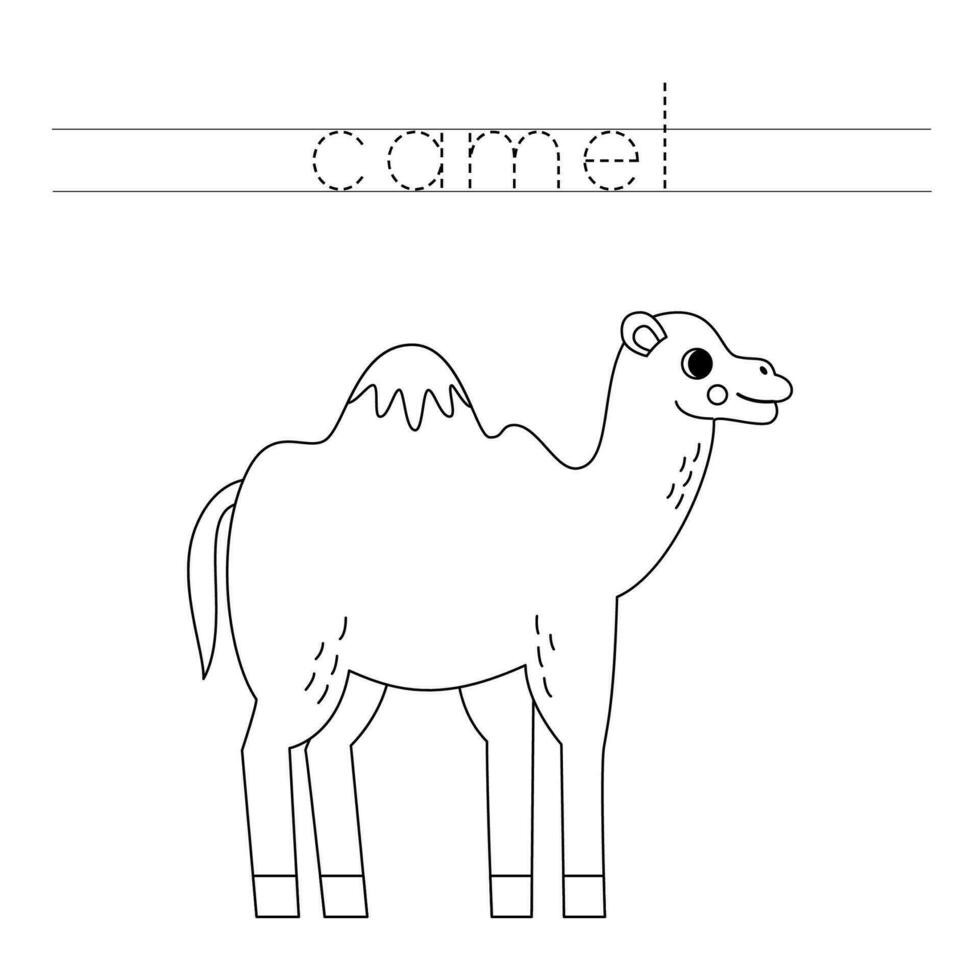 Trace the letters and color cartoon camel. Handwriting practice for kids. vector