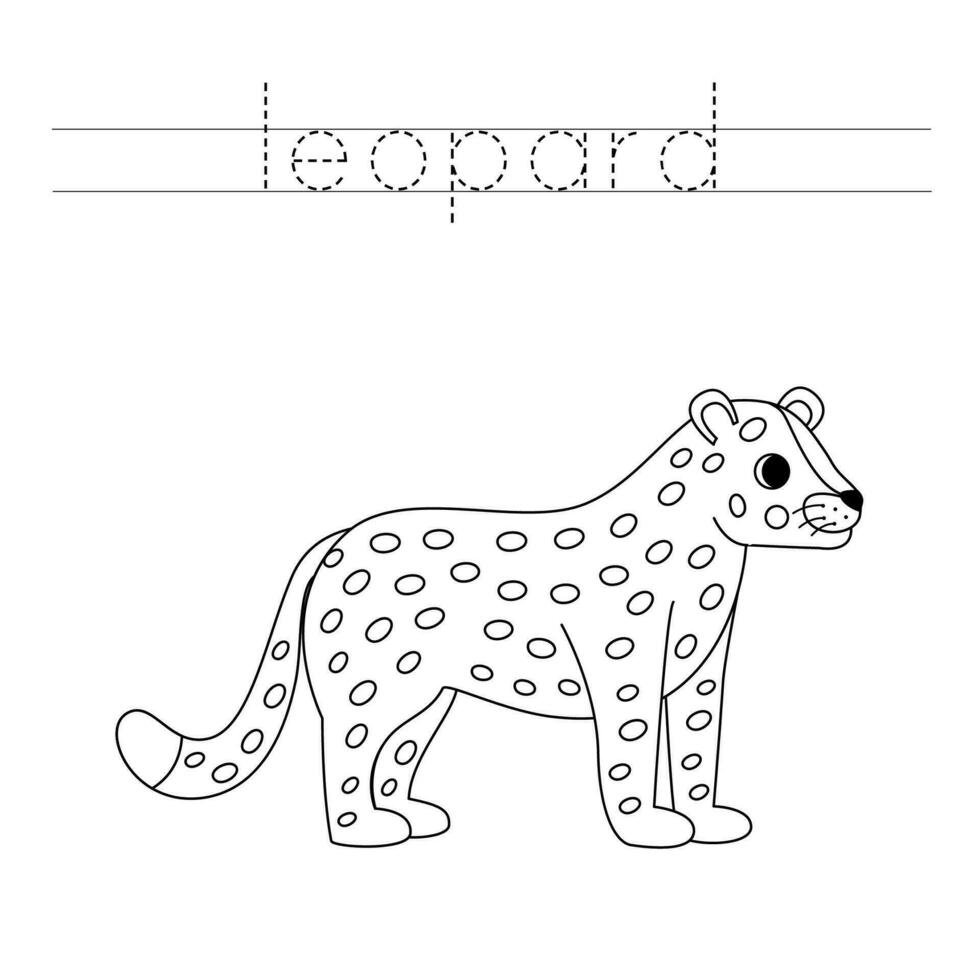 rastro el letras y color dibujos animados leopardo. escritura práctica para niños. vector