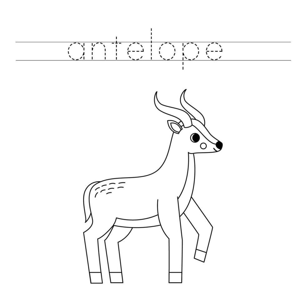 Trace the letters and color cartoon antelope. Handwriting practice for kids. vector