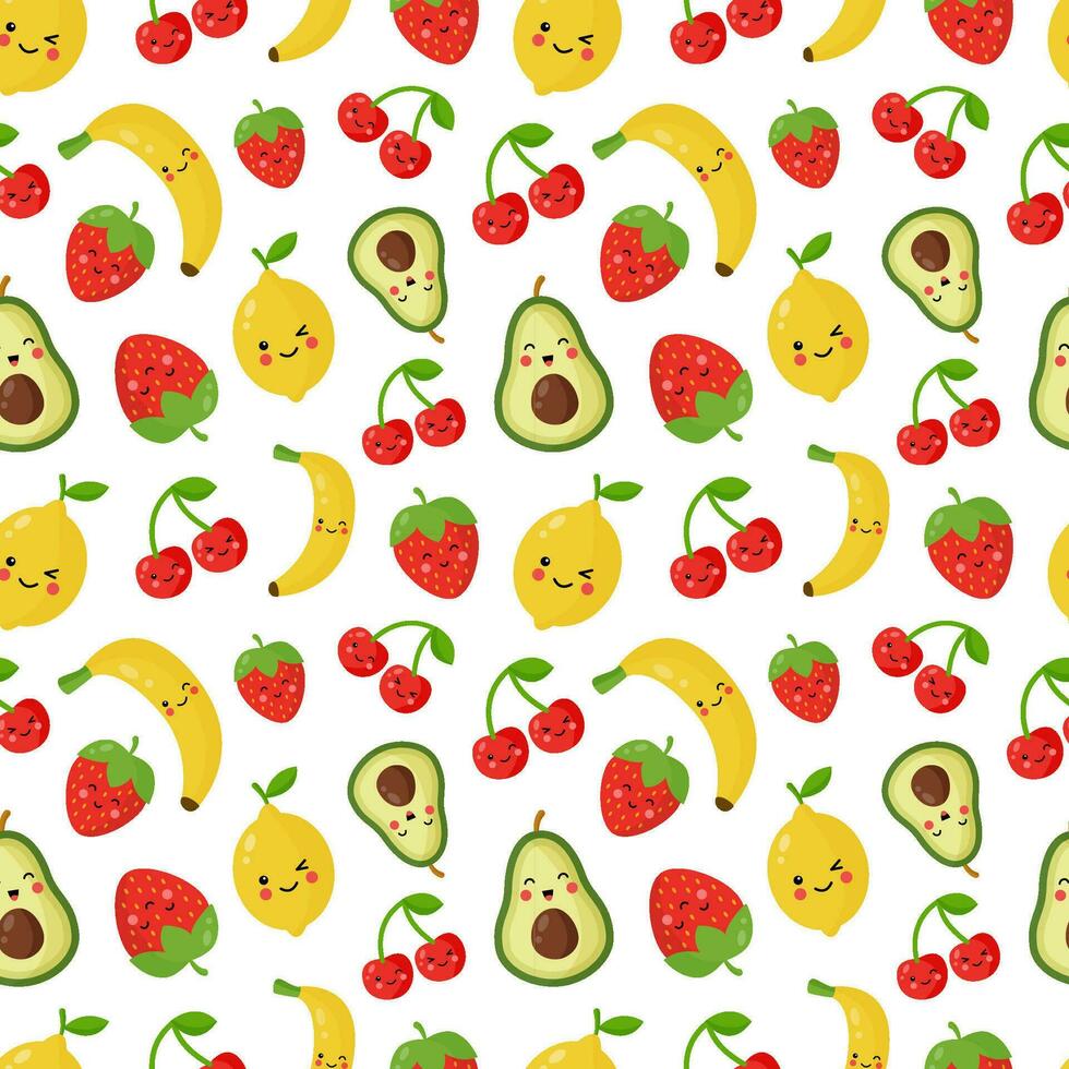 Seamless pattern with cute smiling fruits and berries. vector