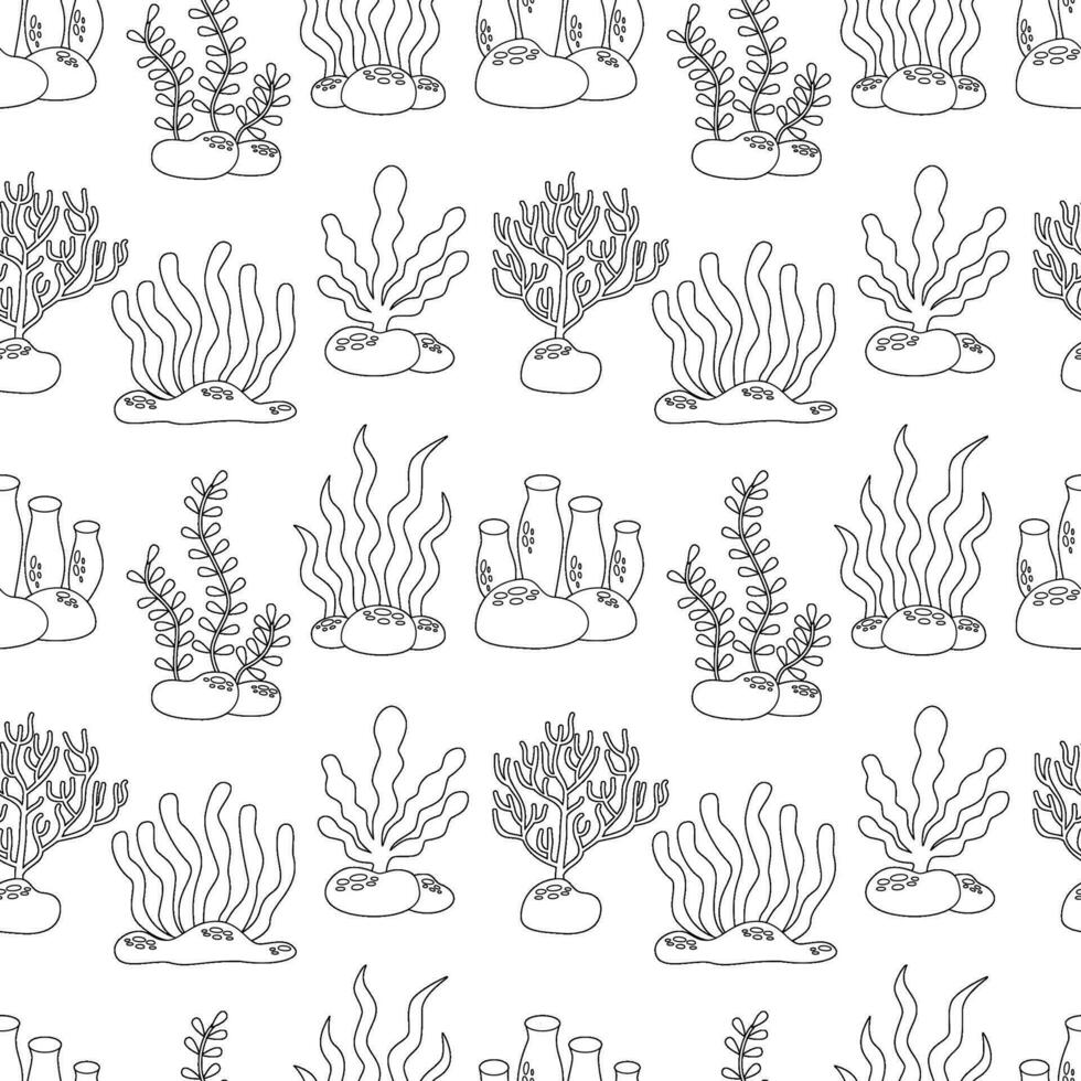 Sea seamless pattern with cute hand drawn seaweed in black and white version. vector