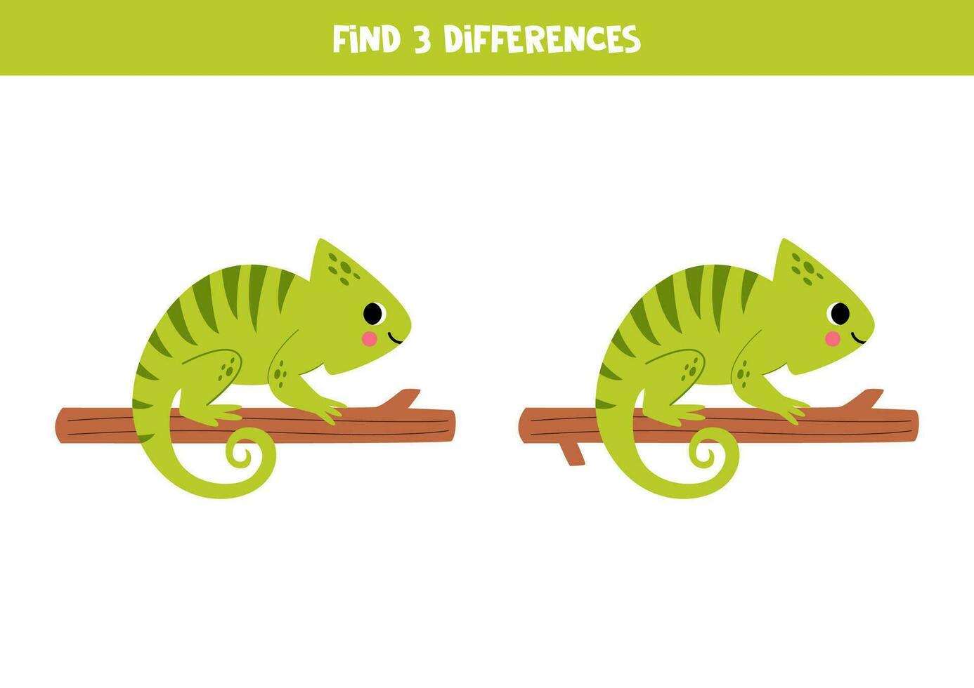 Find three differences between two pictures of cute chameleons. Game for kids. vector