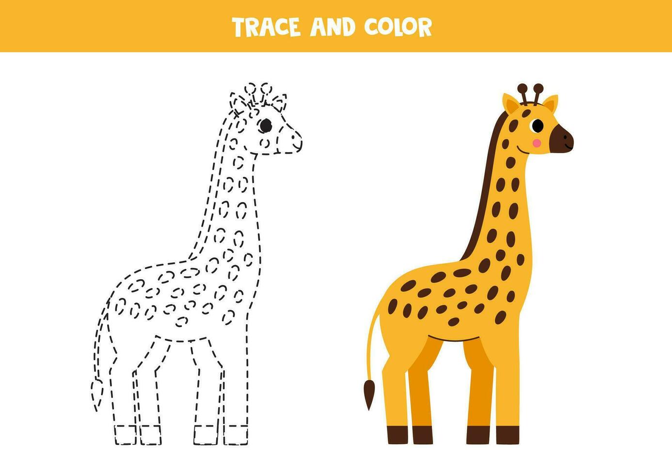 Trace and color cartoon yellow giraffe. Worksheet for children. vector