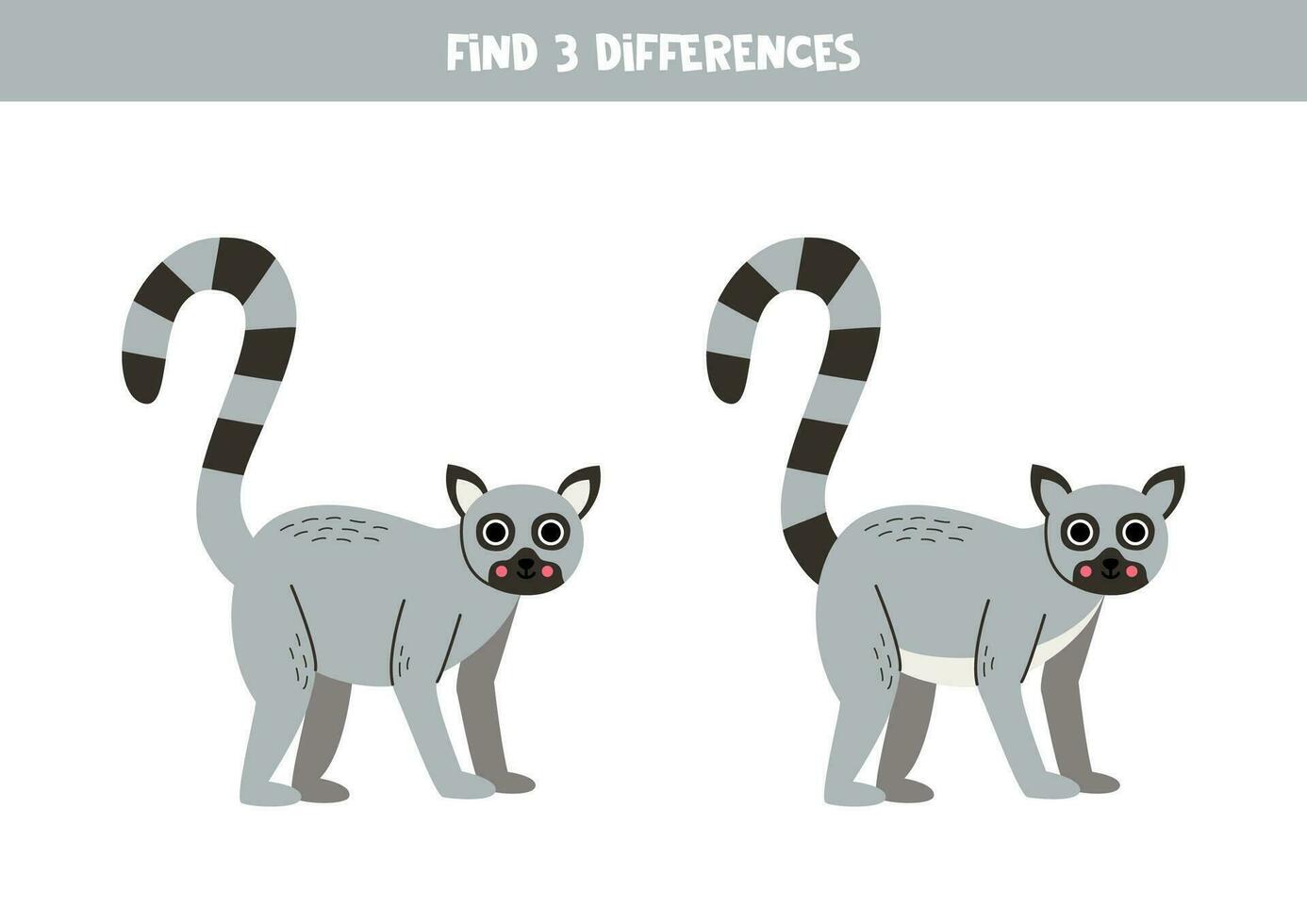 Find three differences between two pictures of cute lemur. Game for kids. vector