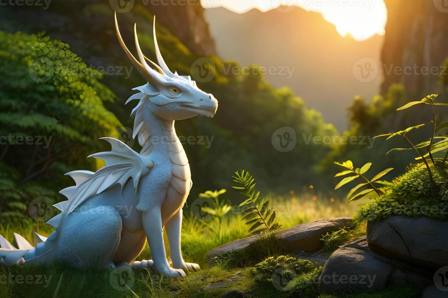 A dragon jungle with golden sunset time. Generative ai. photo