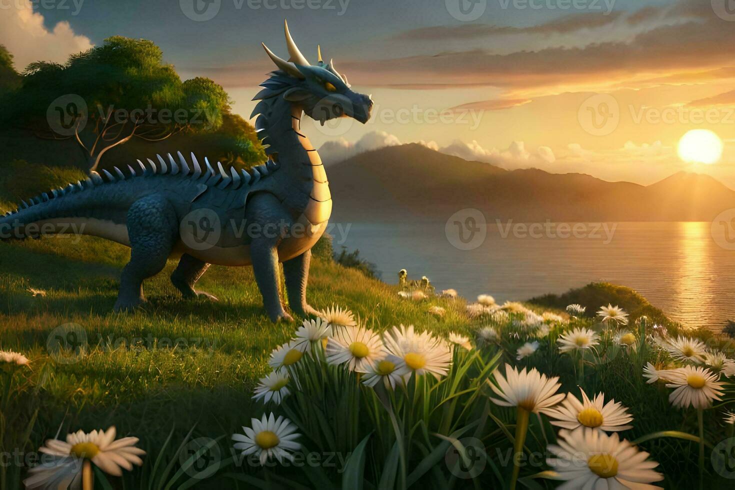 A dragon jungle with golden sunset time. Generative ai. photo