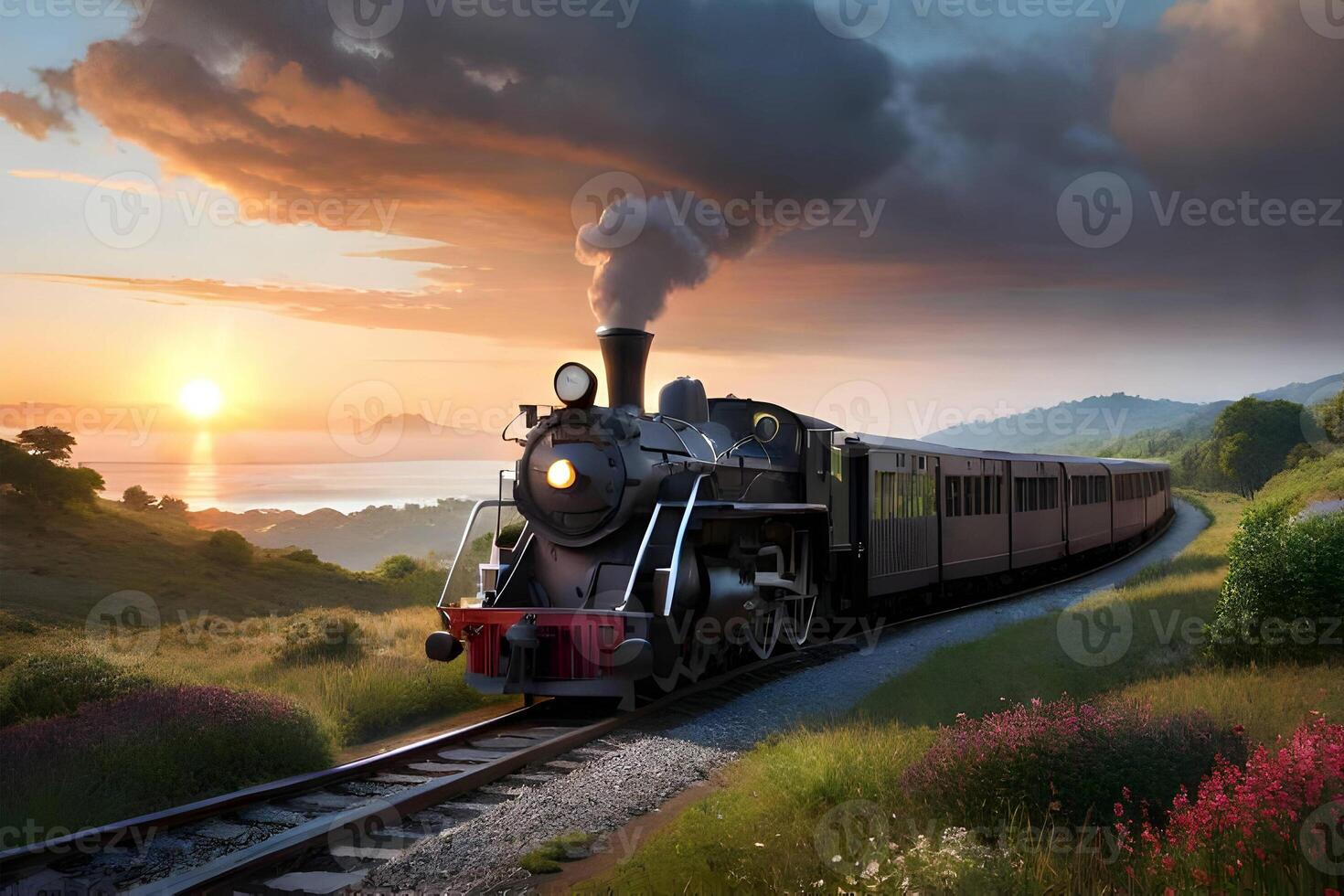 A train in the jungle with sunset. . photo