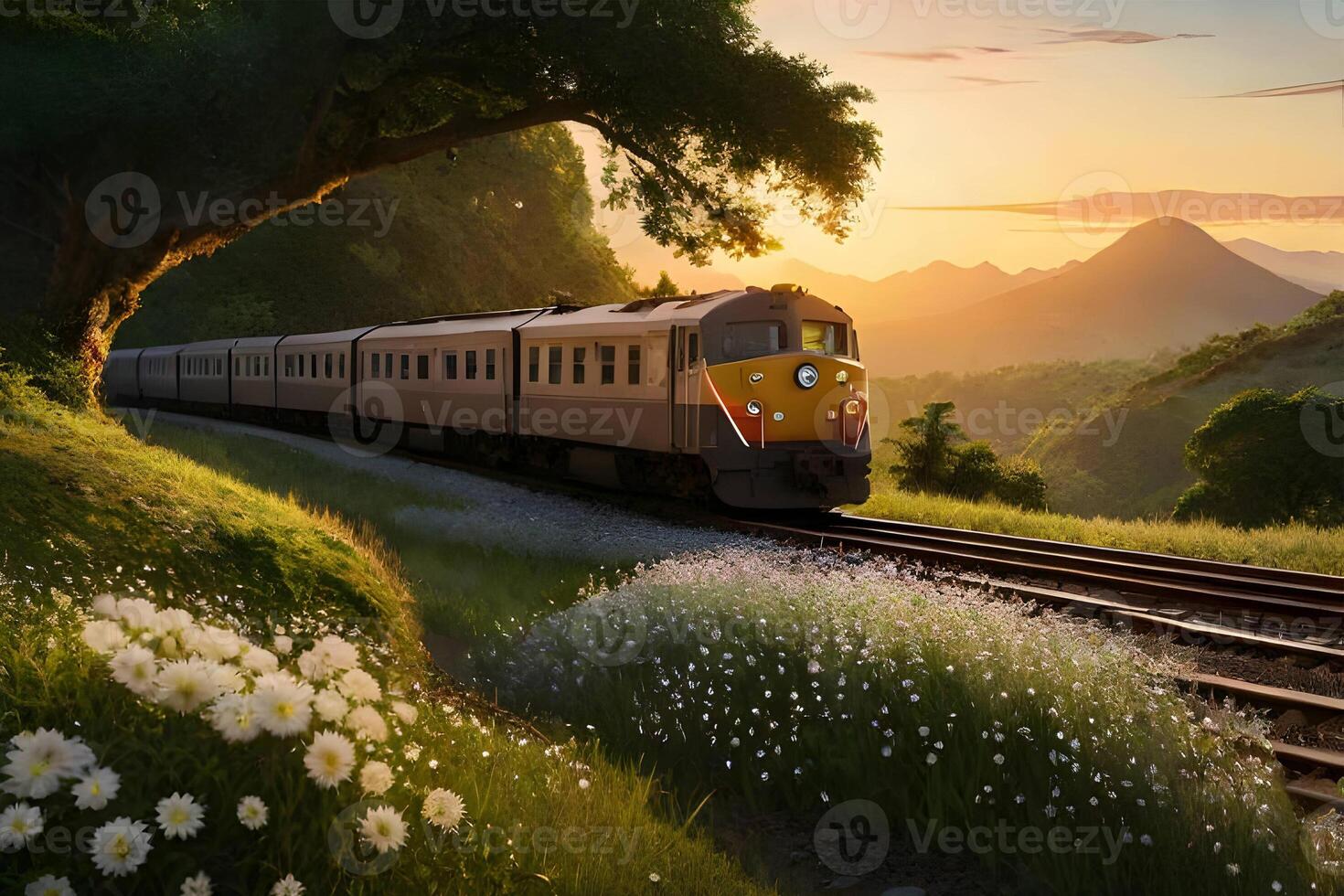 A train in the jungle with sunset. Generative ai. photo