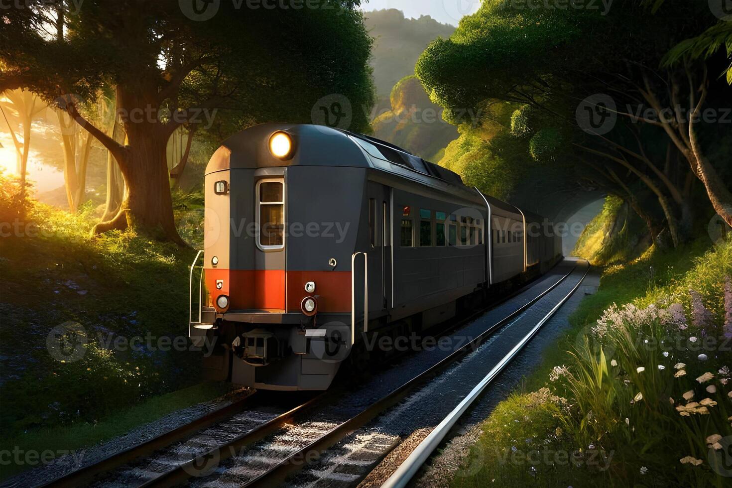 A train in the jungle with sunset. Generative ai. photo