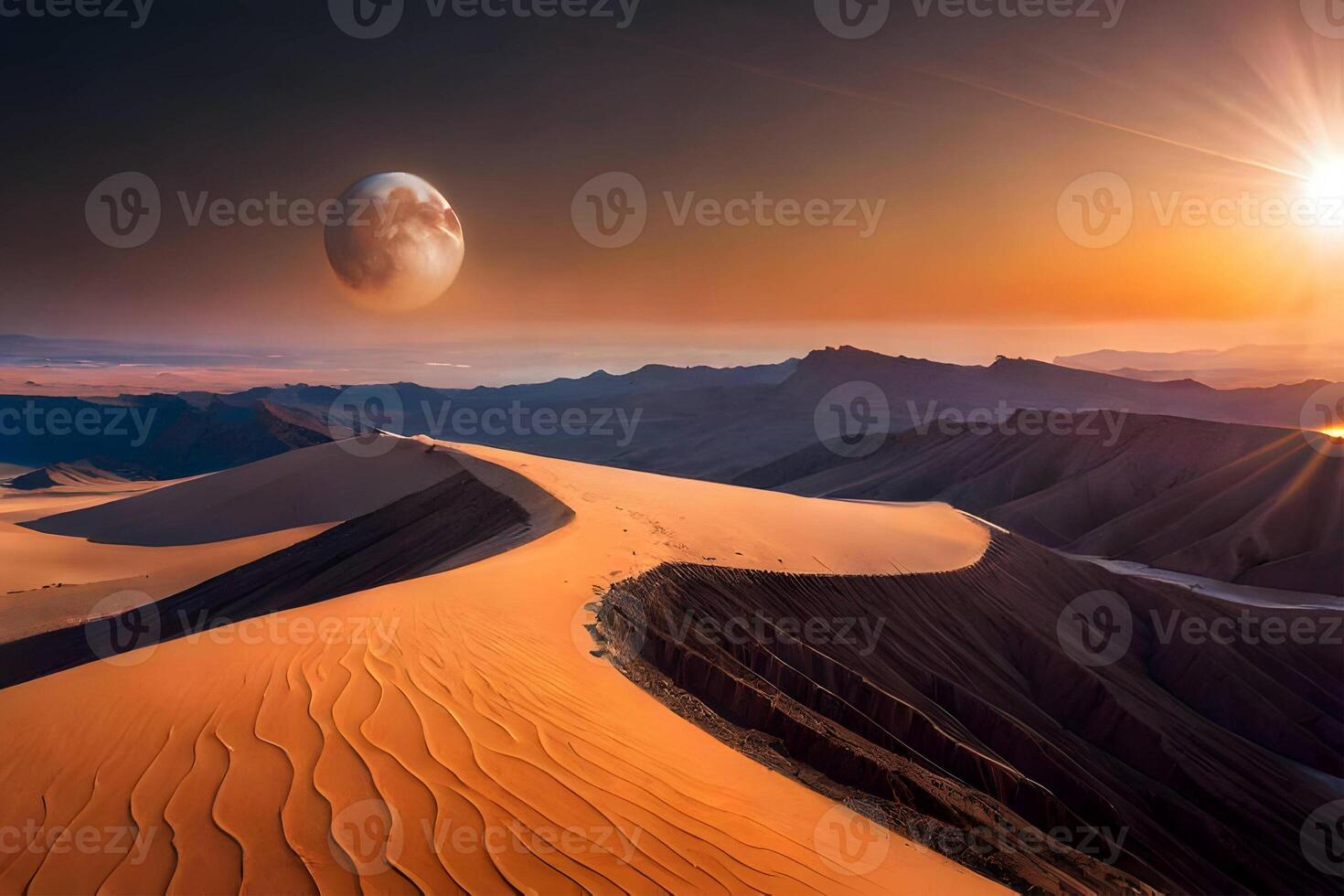 Moon ground with sunset desert. Generative ai. photo