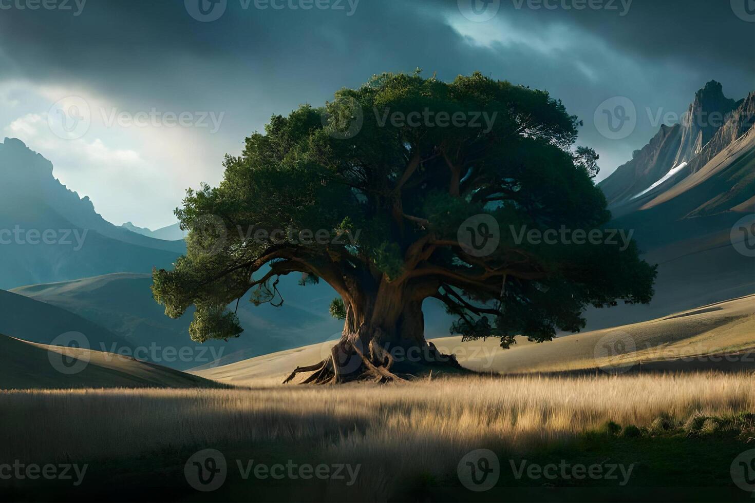 The stunning landscape of the ancient trees. Generative ai. photo