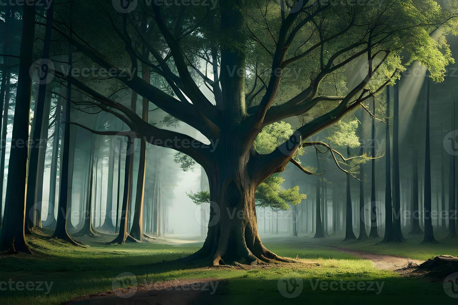 The stunning landscape of the ancient trees. Generative ai. photo