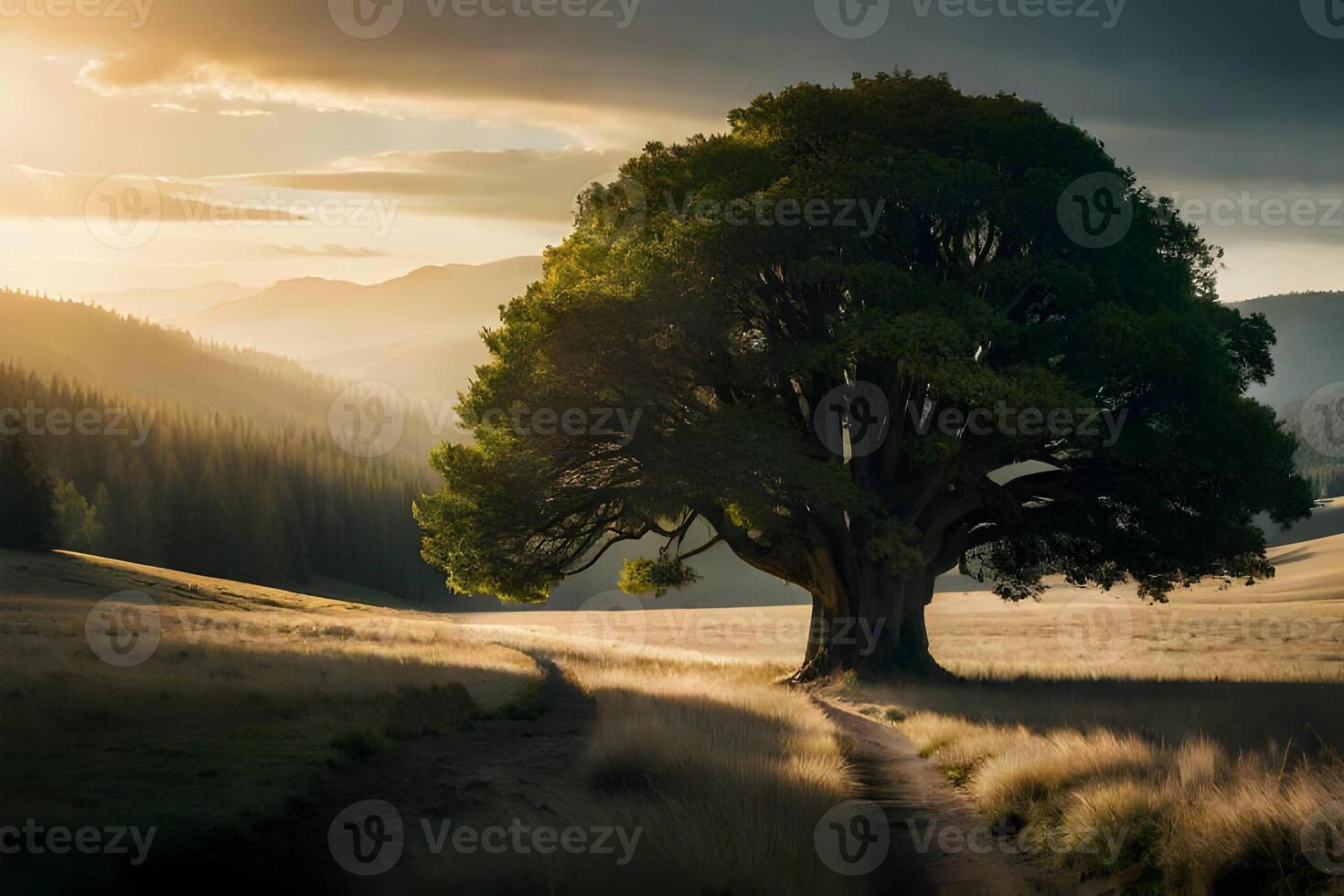 The stunning landscape of the ancient trees. Generative ai. photo