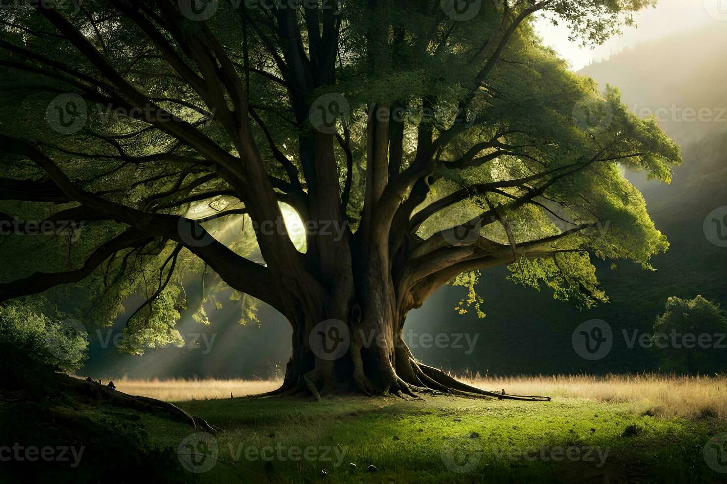 The stunning landscape of the ancient trees. Generative ai. photo