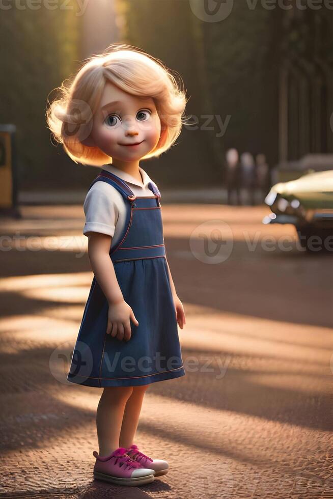 3d pixar estilo pequeño niña octano prestar. generativo ai. foto