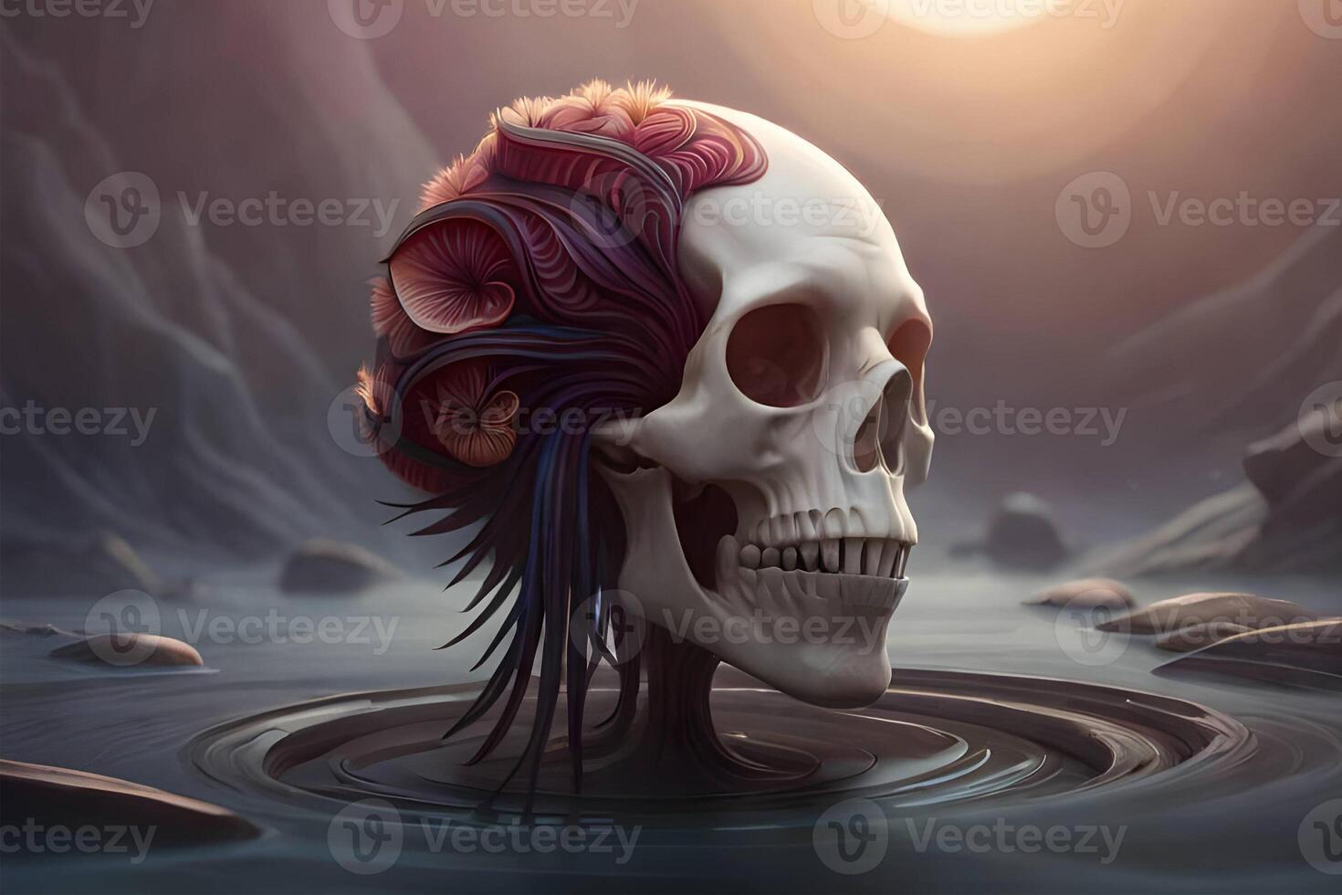 3d human thorax orchid skull on black background. photo