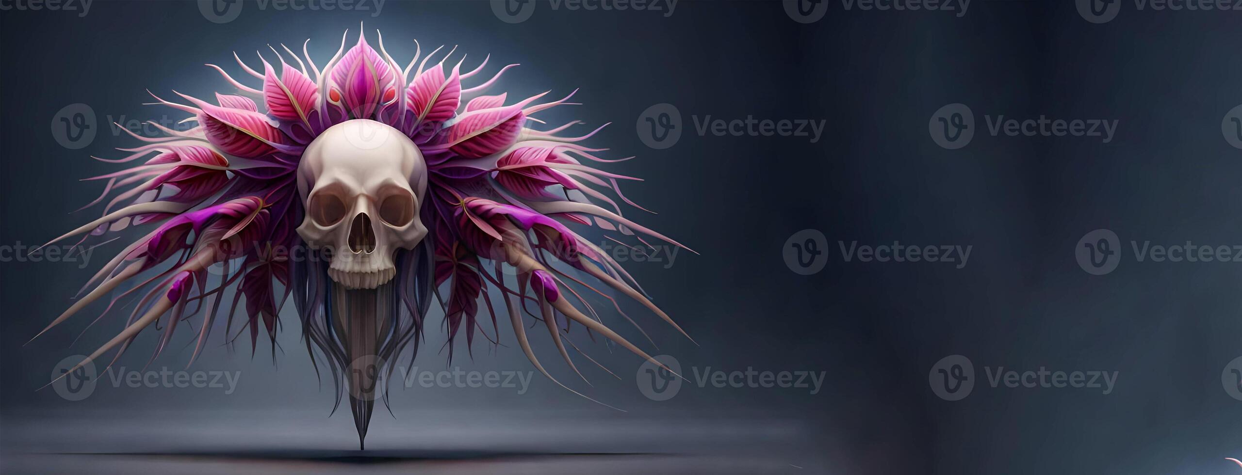 3d human thorax orchid skull on black background. photo
