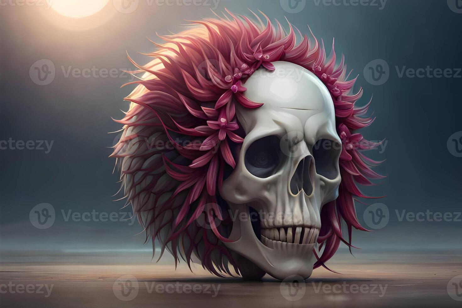 3d human thorax orchid skull on black background. photo