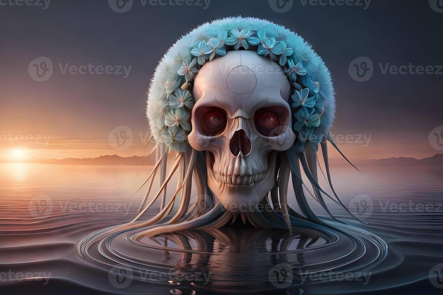 3d human thorax orchid skull on black background. photo
