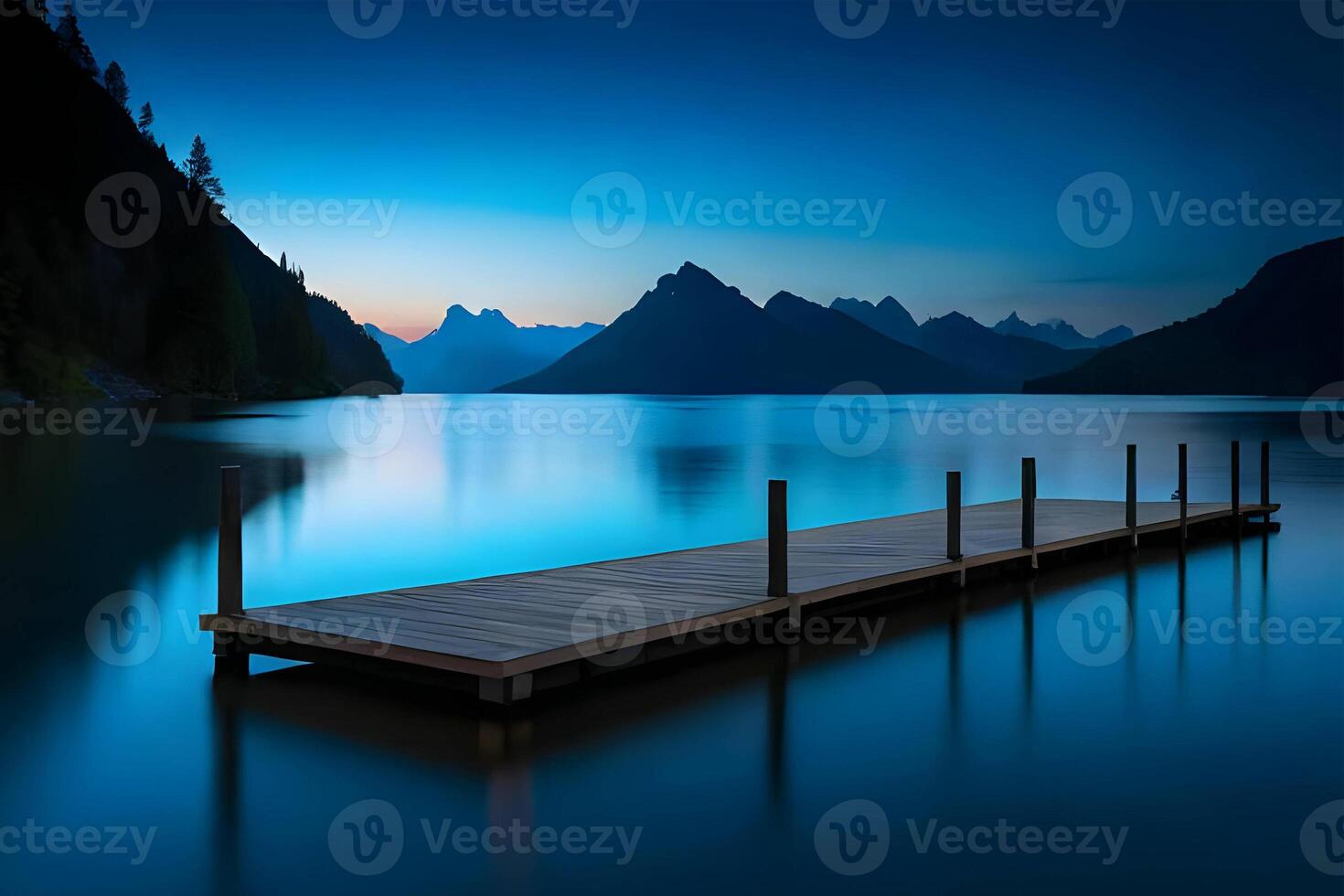 water blue night lakes silhouette on gradient background, . photo