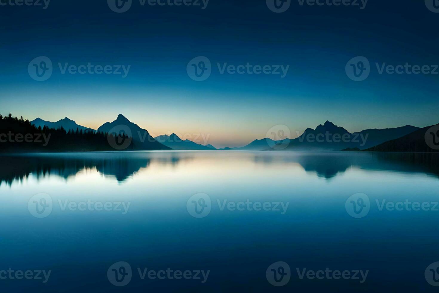 water blue night lakes silhouette on gradient background, generative ai. photo
