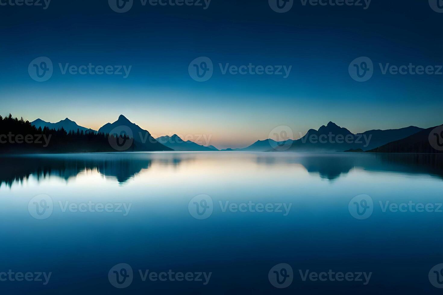 water blue night lakes silhouette on gradient background, . photo
