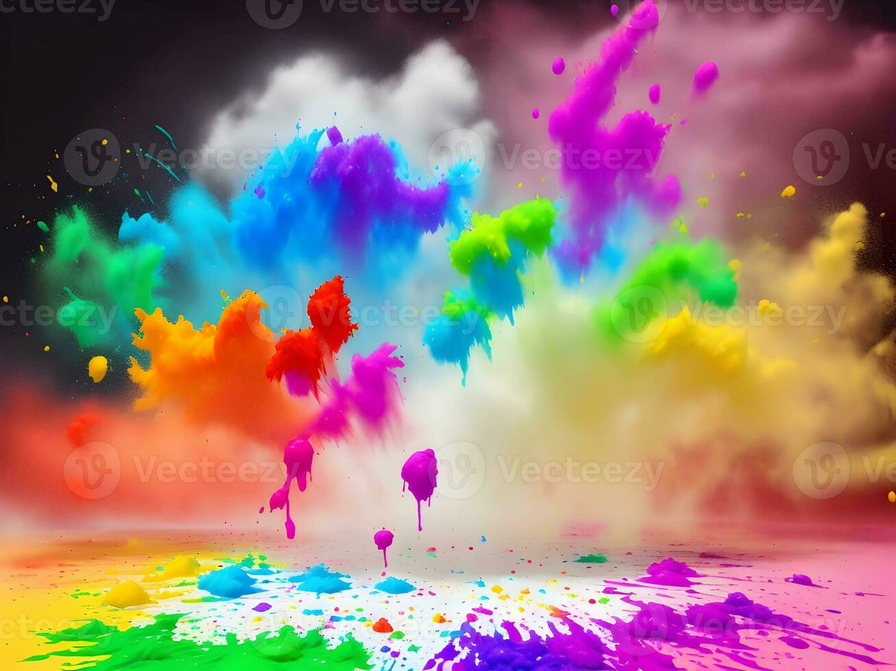 holi paint color powder explosion isolated white wide panorama background. Generative ai. photo