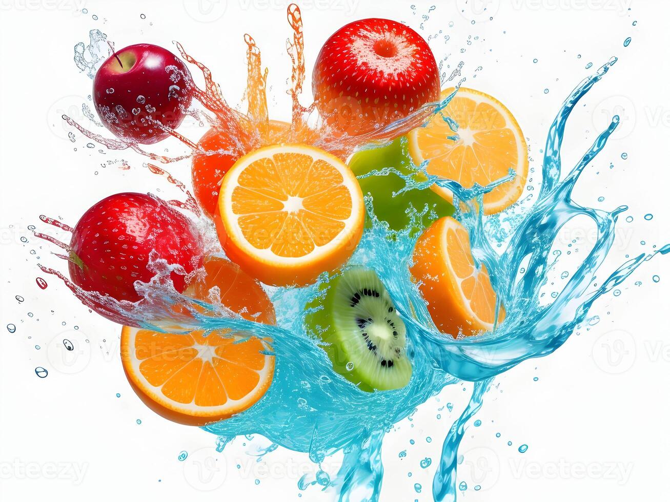 a fresh colorful tasty fruit splashing into cold water isolated on white background. . photo