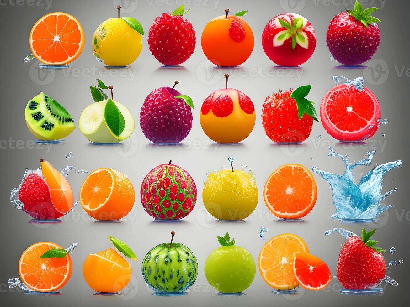 a fresh colorful tasty fruit splashing into cold water isolated on white background. . photo