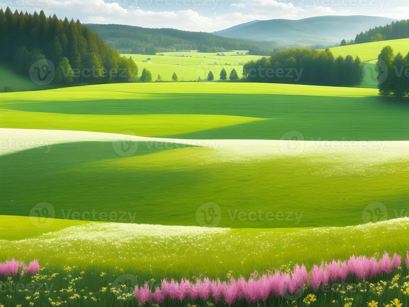 beautiful hilly meadow grass landscape isolated white background. . photo