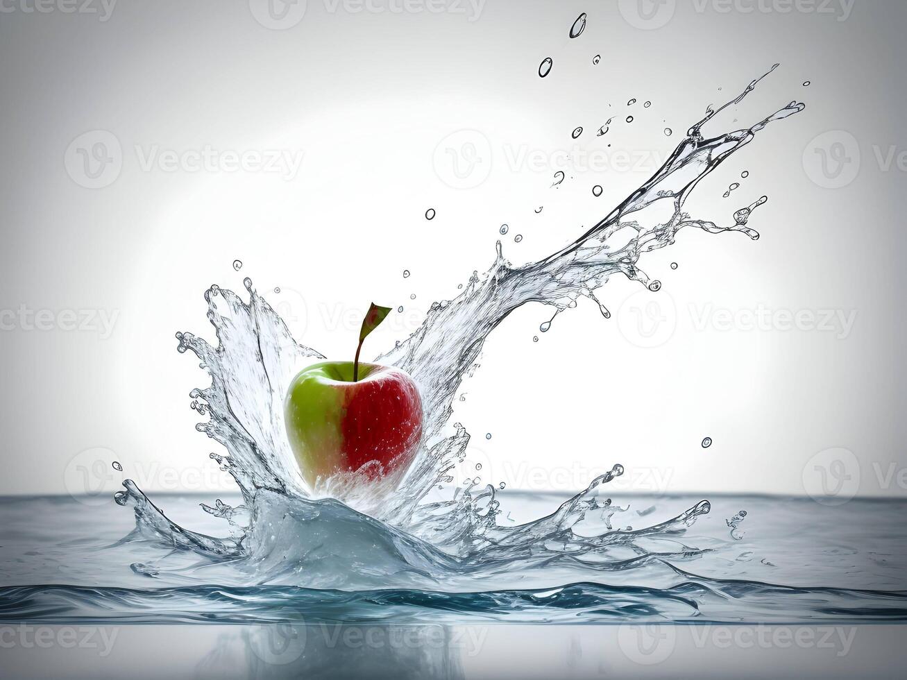 a fresh colorful apple splashing into cold water isolated on white background. . photo