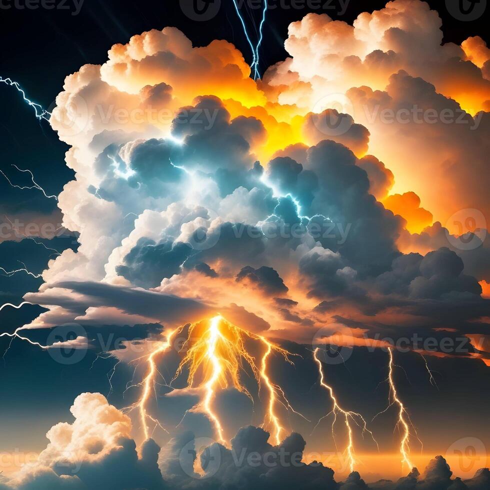 Colorful clouds with a lightning bolt thunder background design. . photo