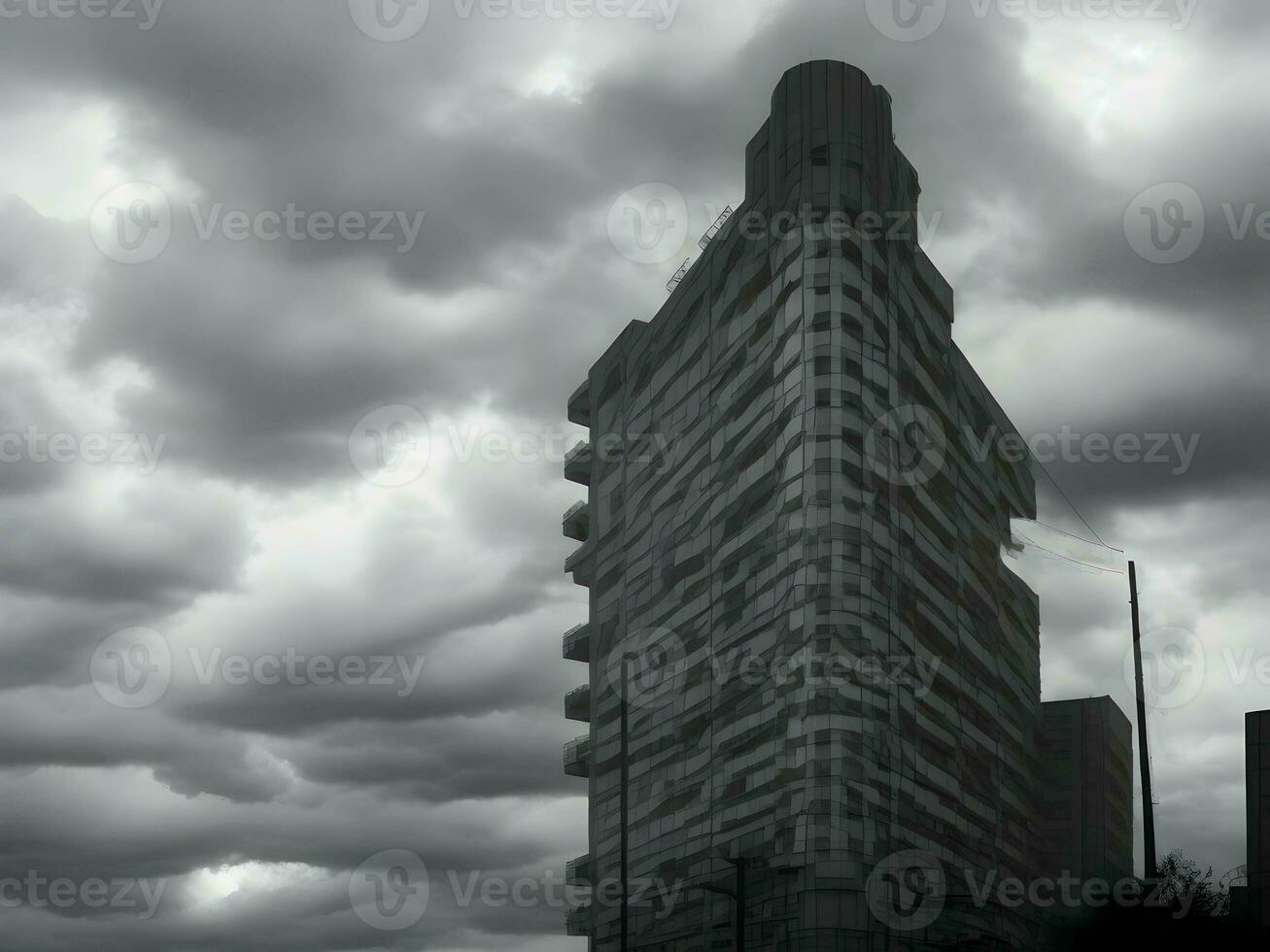 A vintage old building with dark clouds in the sky, AI generation. photo