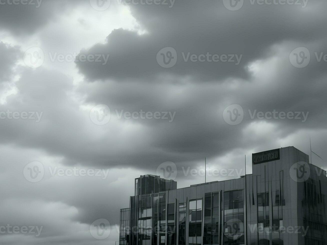 A vintage old building with dark clouds in the sky, AI generation. photo