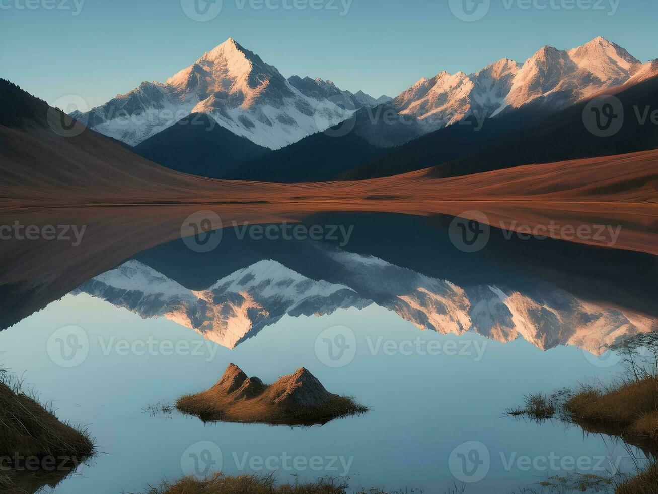 Nature beauty captured tranquil scenes of mountain peak reflection, AI generation. photo