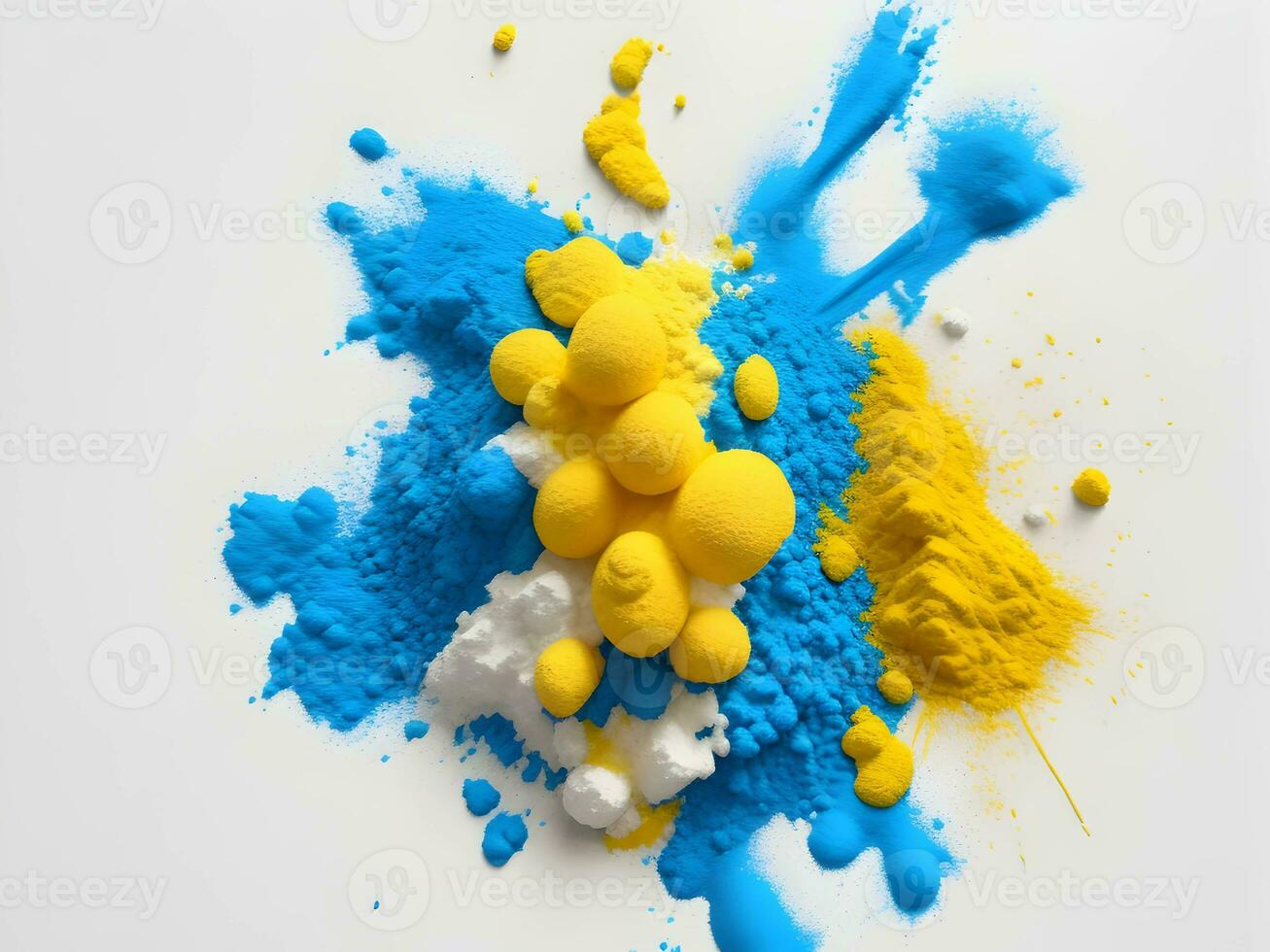 yellow and blue powder on white background, AI generation. photo