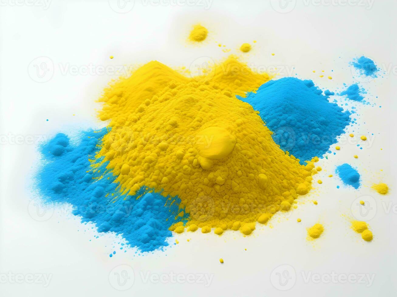 yellow and blue powder on white background, AI generation. photo
