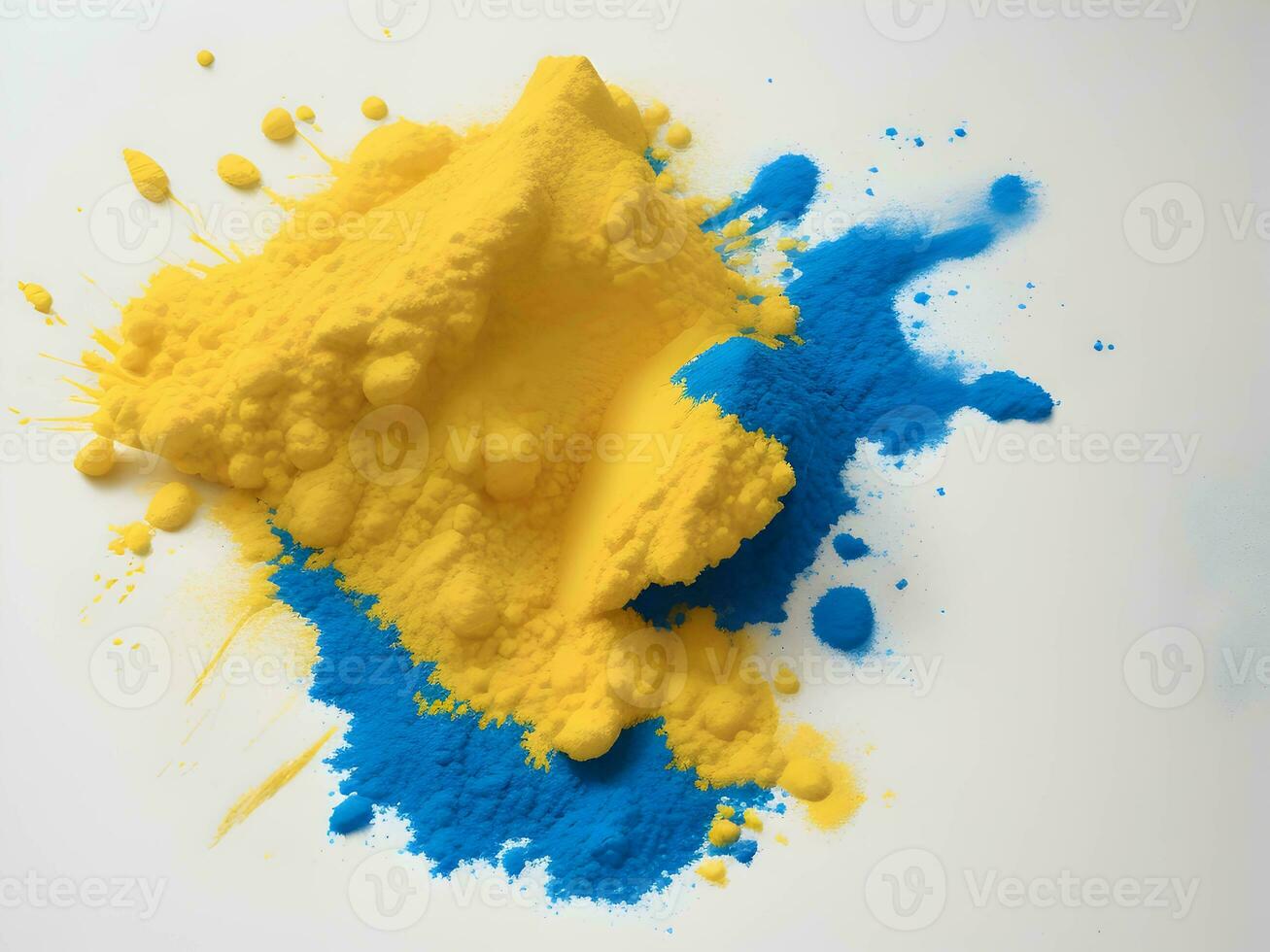 yellow and blue powder on white background, AI generation. photo