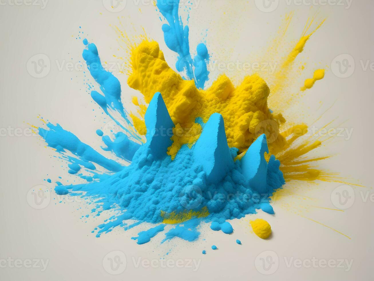 yellow and blue powder on white background, AI generation. photo