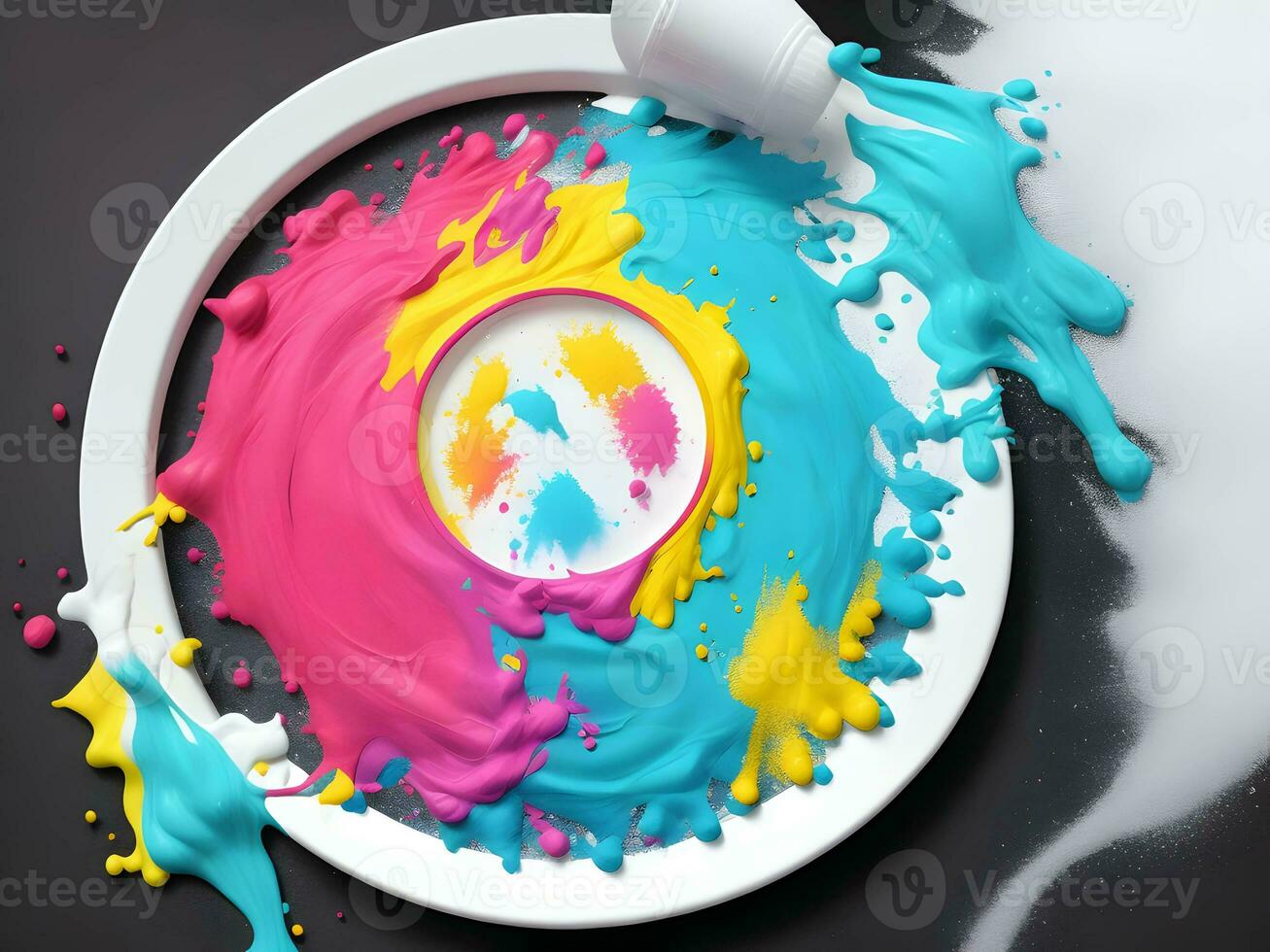 Splashing colorful powder on a frame on white background, AI generation. photo