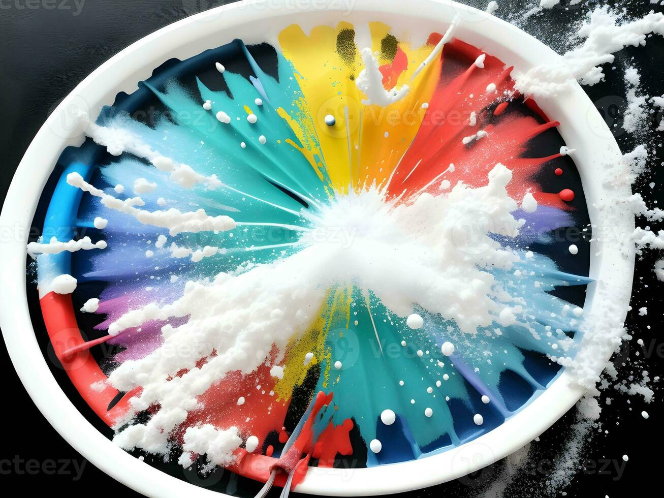 Splashing colorful powder on a frame on white background, AI generation. photo