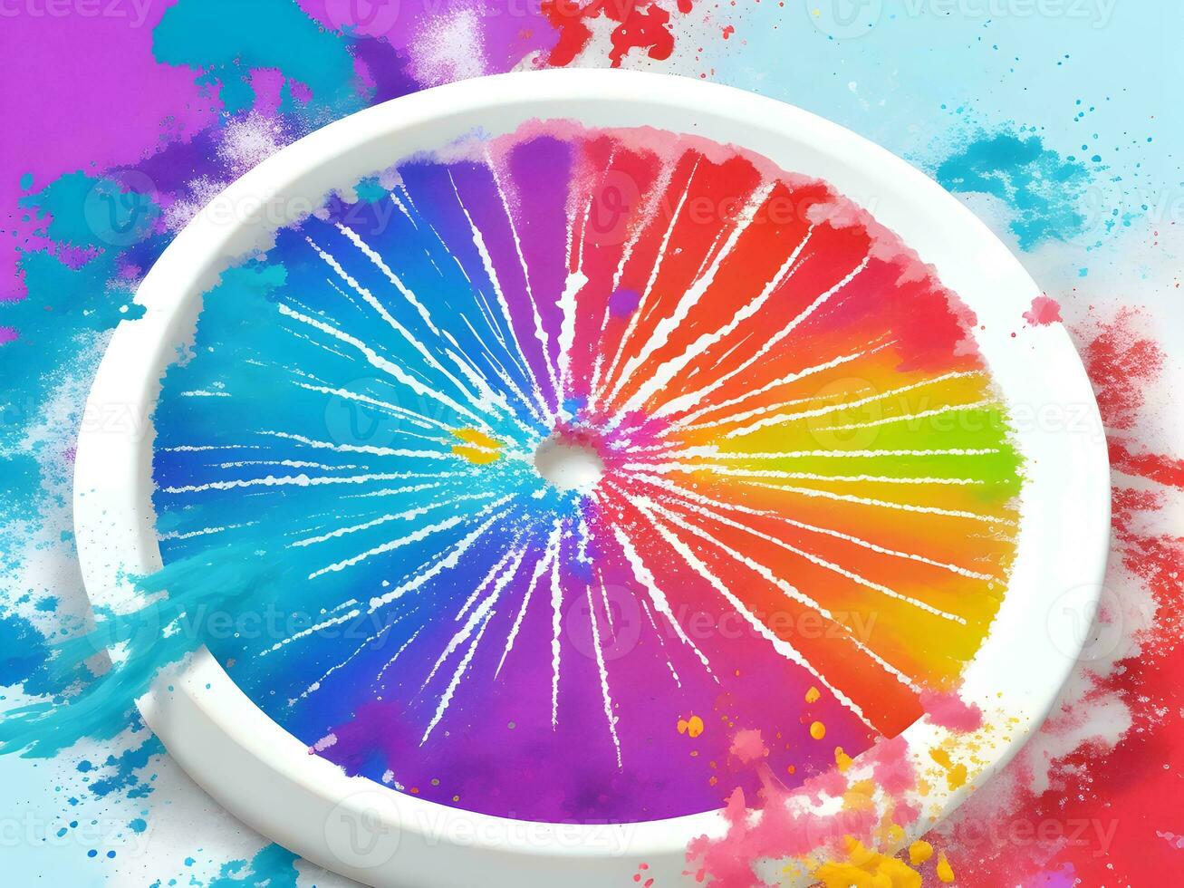 Splashing colorful powder on a frame on white background, AI generation. photo