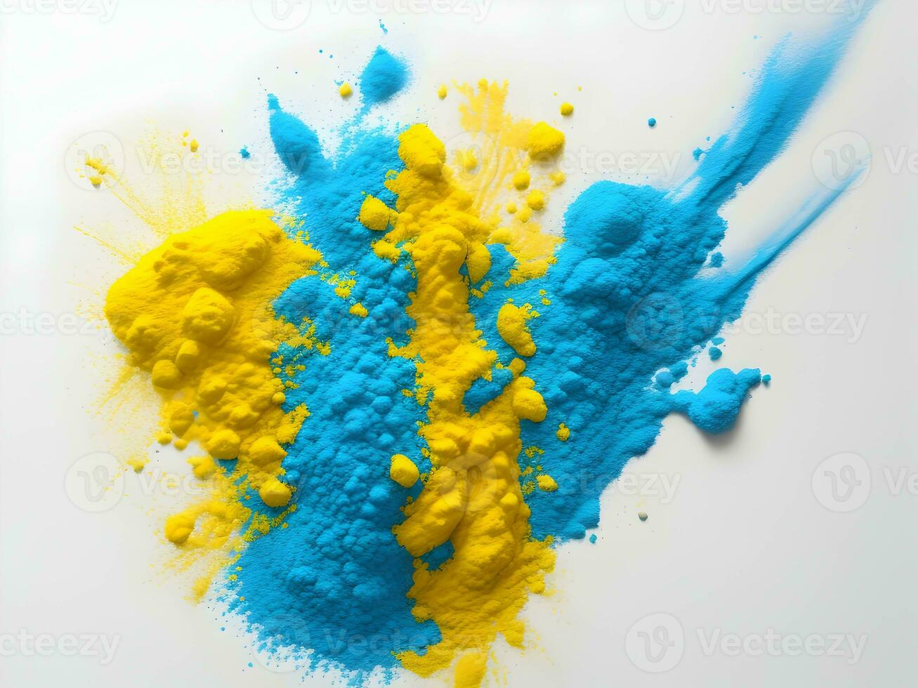 yellow and blue powder on white background, AI generation. photo